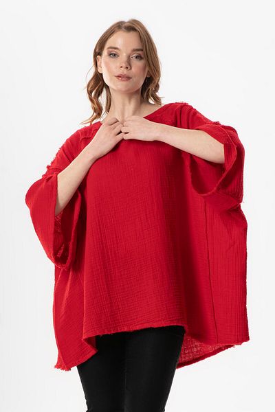 Eliş Şile Bezi Half Sleeve Nadya V-Neck Muslin Summer Blouse Red Krmz