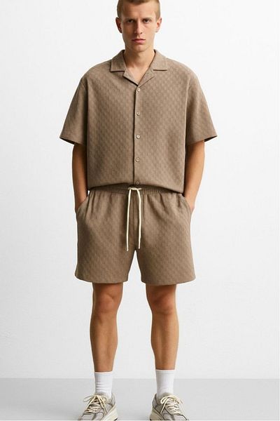 Twobucks Jacquard Knitwear Brown Men's Shirt and Shorts Set