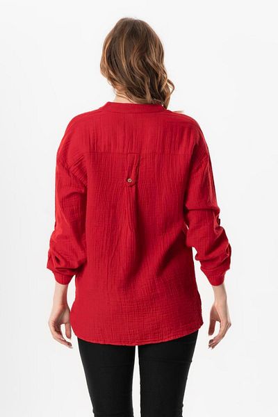 Eliş Şile Bezi Long Sleeve Asu Summer Blue and Red Muslin Blouse