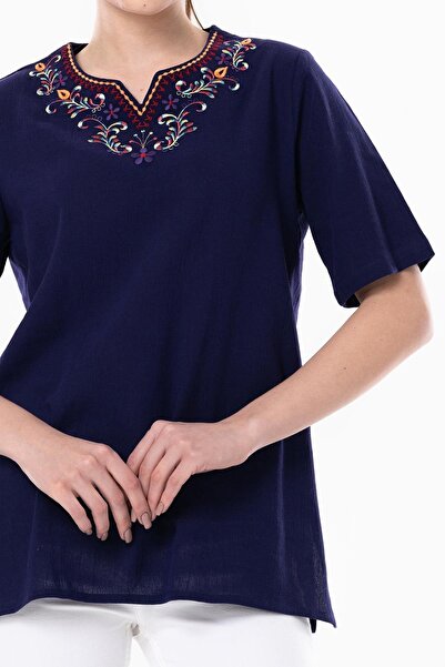 Eliş Şile Bezi Κοντό μανίκι Sile υφασμάτινο κέντημα ουράνιο τόξο Λεπτομερής καλοκαιρινή μπλούζα μωβ