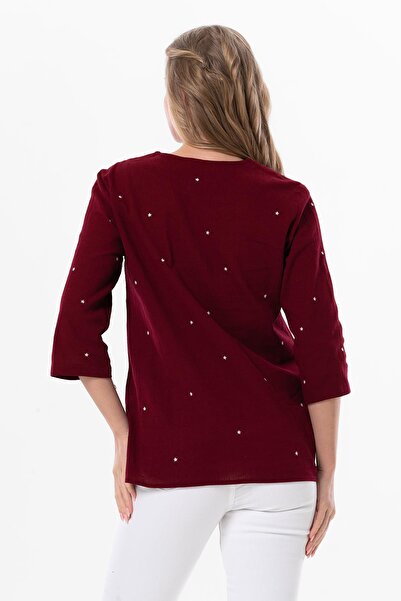 Eliş Şile Bezi Three-Quarter Sleeve Sile Cloth Star V-Neck Embroidered Summer Blouse Claret Red Brd