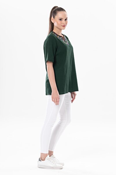 Eliş Şile Bezi Κοντό μανίκι Sile υφασμάτινο κέντημα ουράνιο τόξο Λεπτομερής καλοκαιρινή μπλούζα πράσινη Ysl