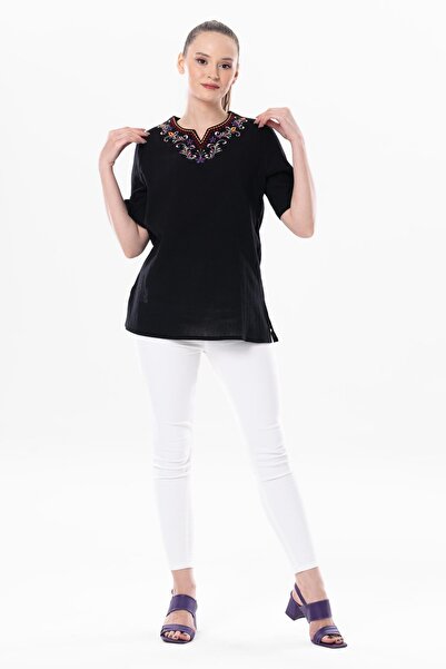 Eliş Şile Bezi Κοντό μανίκι Şile υφασμάτινο κέντημα ουράνιο τόξο Λεπτομερής καλοκαιρινή μπλούζα Μαύρη Μαύρη