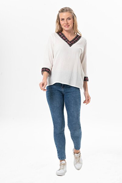 Eliş Şile Bezi Τριών τετάρτων μανίκι V-λαιμόκοψη κεντημένο Talya Şile υφασμάτινη καλοκαιρινή μπλούζα κρεμ χρώμα