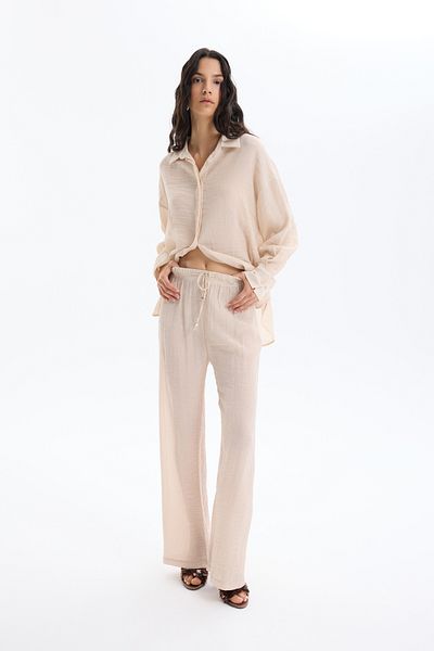 Quzu Elastic Waist Textured Trousers Stone