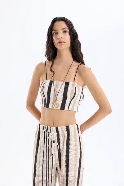Quzu Colorful Braided Thin Strap Bustier Blouse Brown