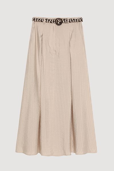 Quzu Pleated Midi Length Skirt with Belt Accessories Beige