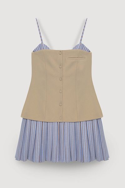 Quzu Bluză Bustieră Mini Rochie Plisată Garnită Bej