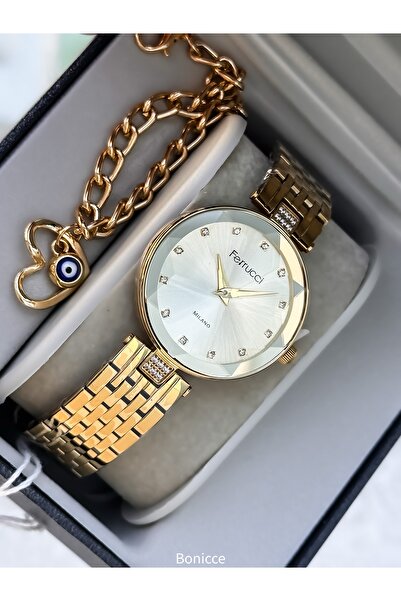 Ferrucci Gold Renk Çelik Kordon Su Geçirmez Garantili Kol Saati+bileklik