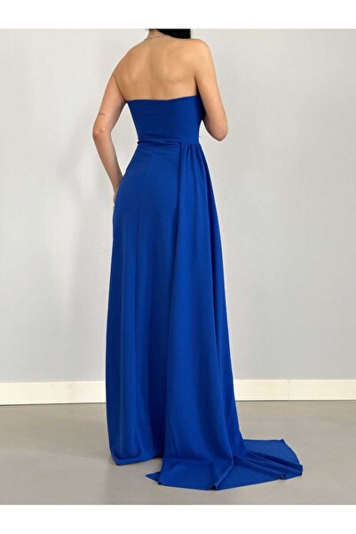 Mekafashion Fulya Straplez Yırtmaçlı Abiye 582467 SAKS MAVİSİ