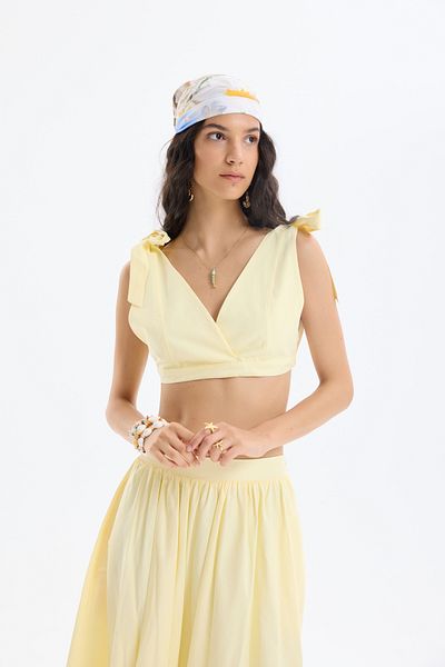 Quzu Lacing Detailed Double Breasted Bustier Blouse Yellow