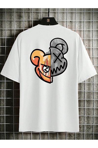 Sweetline Tricou cu ursuleț de pluș dublu de calitate din jerseu simplu - Imprimat alb, decolteu supradimensionat