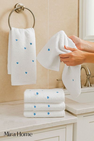 Mira Home Set of 4 Heart Embroidered Hand and Face Towels 100% Cotton 50X90 cm Hand of Love