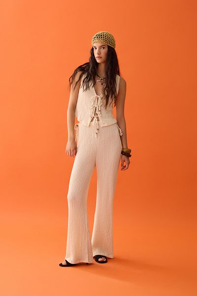 Quzu Seersucker Trousers with Beaded Binding Sides Stone