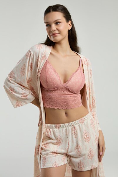 Arnetta 3 Pcs Home Wear, Dressing Gown, Lace Bralette, Shorts Set