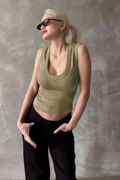 Madmext Light Green V-Neck Piping Women's Tank Top Mg2292