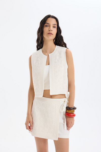 Quzu Front Embroidered Vest Ecru