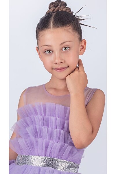 Mnk Baby&Kids Sapes Model Sırt Gipeli Tüllü Kız Çocuk Askılı Saten Abiye MNK0618 LİLA
