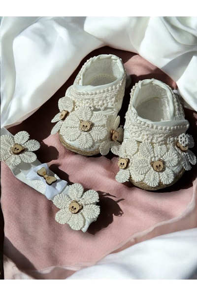 eradkids Baby Girl Headband Booties Set with Teddy Bear Detail 0-6 Months Baby Booties Baby Headband Set of 2