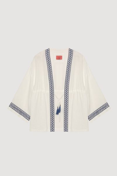 Quzu Stripe Embroidery Detailed Tie Waist Kimono Ecru
