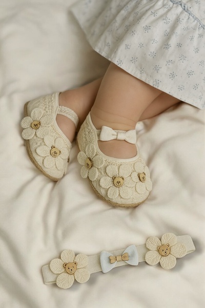eradkids Baby Girl Headband Booties Set with Teddy Bear Detail 0-6 Months Baby Booties Baby Headband Set of 2
