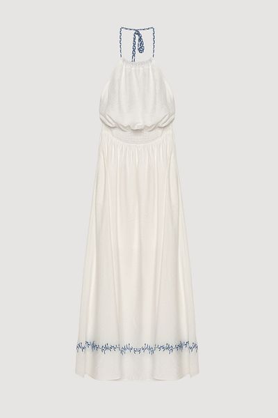 Quzu Elastic Waist Embroidered Long Dress Ecru