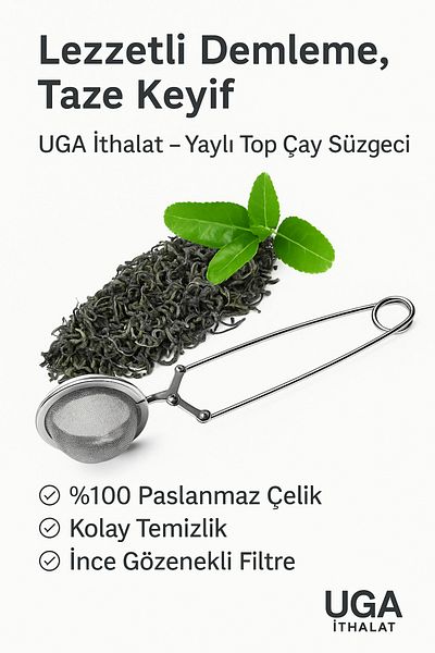 UGA İthalat Metal Spoon - Tea Ball - Filter and Squeeze Leaves Mesh Strainer Linden Herb with Handle 3 Pcs