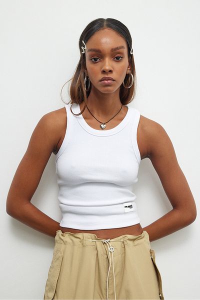 bases. White Ribbed Wide Halter Neck Sleeveless Basic Tank Top