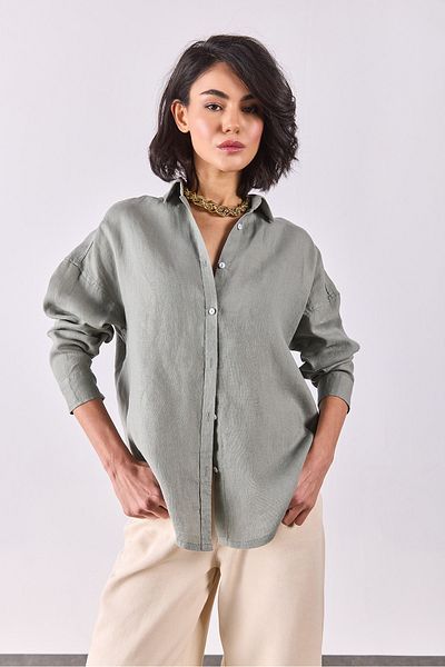 VENA Λινό πουκάμισο Alina Oversize - ΠΡΑΣΙΝΟ ΝΕΡΟ