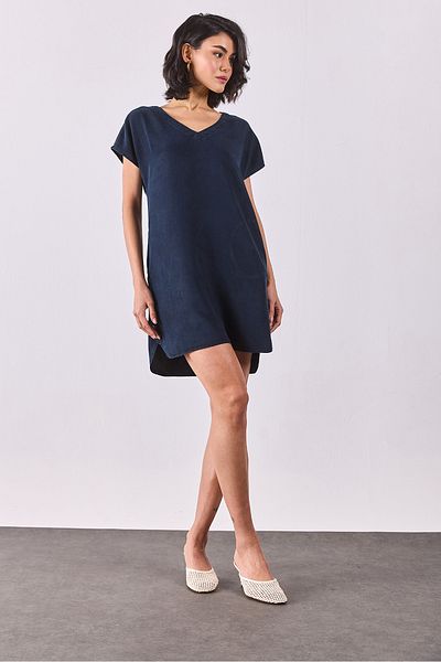 VENA Rochie de jeans cu mânecă scurtă cu decolteu în V Helly Blue (Tencel)(TM) - BLUE BLACK