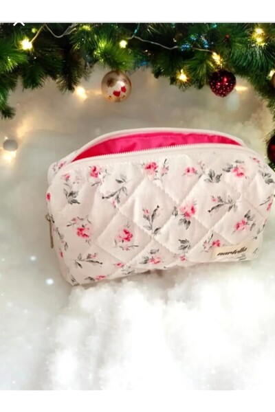 nartella Pink Rose Patterned Quilted Makeup Bag – Large Size, Organizer and for Travel