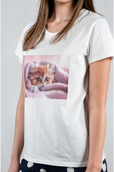 SCREENSHOT Σετ γυναικεία κοντομάνικη στάμπα και πουά από 100% βαμβάκι