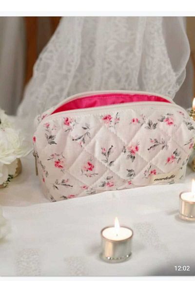 nartella Pink Rose Patterned Quilted Makeup Bag – Large Size, Organizer and for Travel