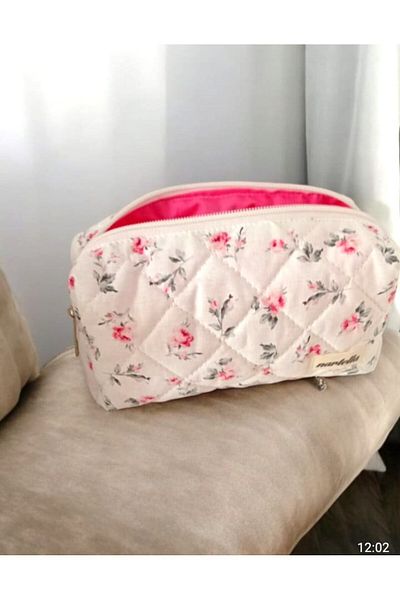nartella Pink Rose Patterned Quilted Makeup Bag – Large Size, Organizer and for Travel