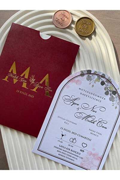 emindijital Bordo Zarflı Oval Gold Yaldızlı Kına,Nikah,Nişan, Düğün Davetiyes...