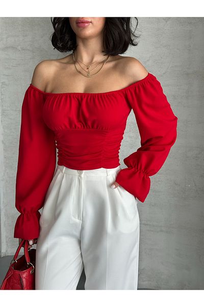 REELMODA Women's Madonna Collar Balloon Sleeve Crepe Blouse