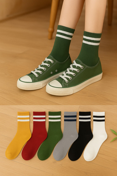 WORTHY SOCKS Комплект от 6 дамски раирани цветни спортни чорапи за колежански...