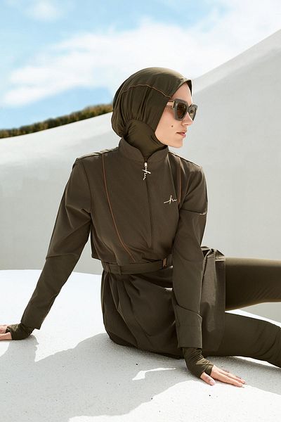 Haşema Belt Buckle Detailed Khaki 5 Piece Full Hijab Swimsuit Set 5017