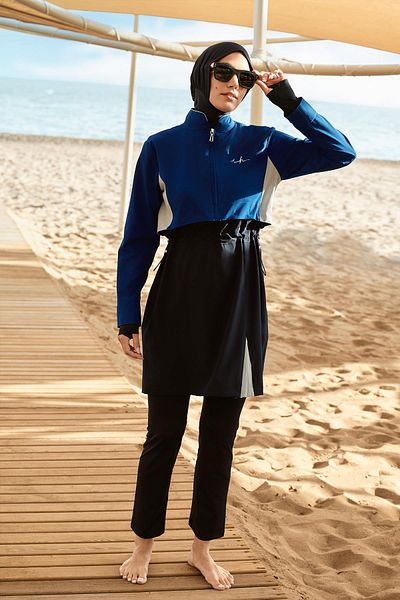 Haşema Saks Blue 5 Piece Full Hijab Swimsuit Set with Gilet 5063