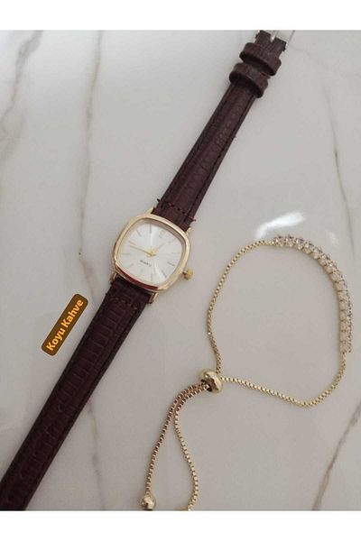 Brality Women's Wristwatch.. Retro Vintage.. Oval Square Gold Case - Dark Brown Cord - Waterway Bracelet 0021