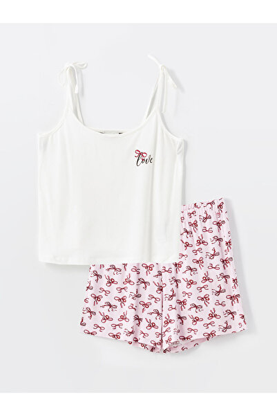 LC Waikiki Lcw Young Pink U-Neck Printed Strap Wide Fit Women's Shorts Pajama Set