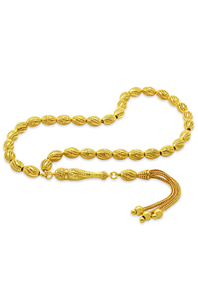 Tesbihane Üçlü Kamçı Püsküllü Çeşmi Bülbül Detaylı Telkari Tasarım Arpa Kesim Altın Renk 925 Ayar Gümüş Tesbih