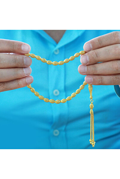 Tesbihane Üçlü Kamçı Püsküllü Çeşmi Bülbül Detaylı Telkari Tasarım Arpa Kesim Altın Renk 925 Ayar Gümüş Tesbih