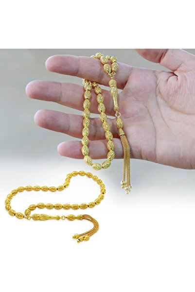 Tesbihane Üçlü Kamçı Püsküllü Çeşmi Bülbül Detaylı Telkari Tasarım Arpa Kesim Altın Renk 925 Ayar Gümüş Tesbih