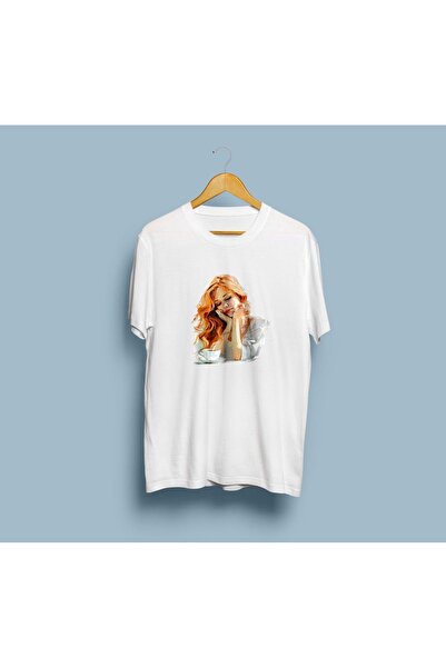 Generic Brand Oversize Woman and Coffee Drawing Design Unisex T-Shirt