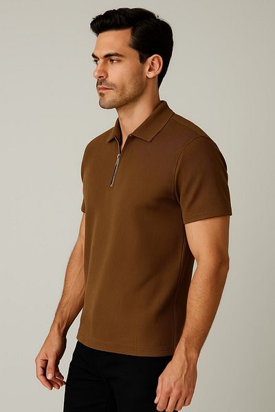 beuivo Men's Brown Ribbed Zippered Oversize Fit Polo Neck T-Shirt