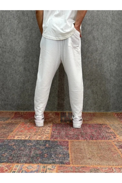 FıttingRoom Elastic Waist Waffle Fabric Pleated White Trousers