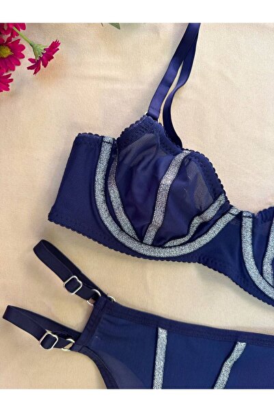 RUYAZ TEKSTİL Set de lenjerie de corp cu sutien transparent albastru bleumarin cu detaliu de dungi argintii Set de lenjerie de corp Lenjerie confortabilă