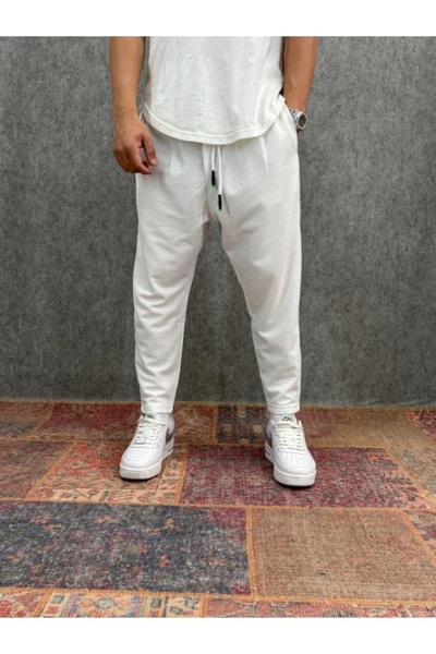 FıttingRoom Elastic Waist Waffle Fabric Pleated White Trousers
