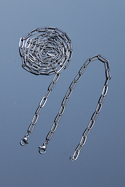 Rua Jewelry Çelik Ataş Zincir Kolye&bileklik Set 4 Mm Gümüş Renk| Kararmaz , Unisex , 2 Yıl Garantili